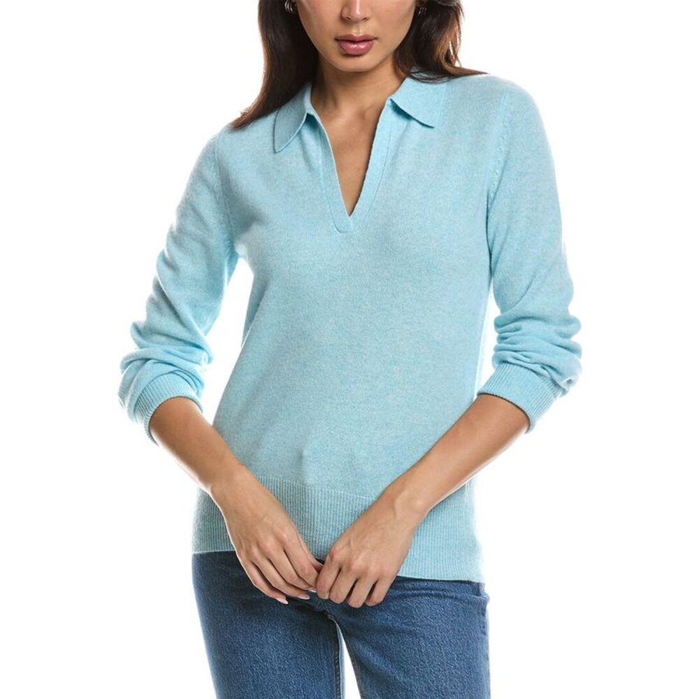 Forte Cashmere Womens  Split Neck 100% Cashmere Polo Sweater, Blue